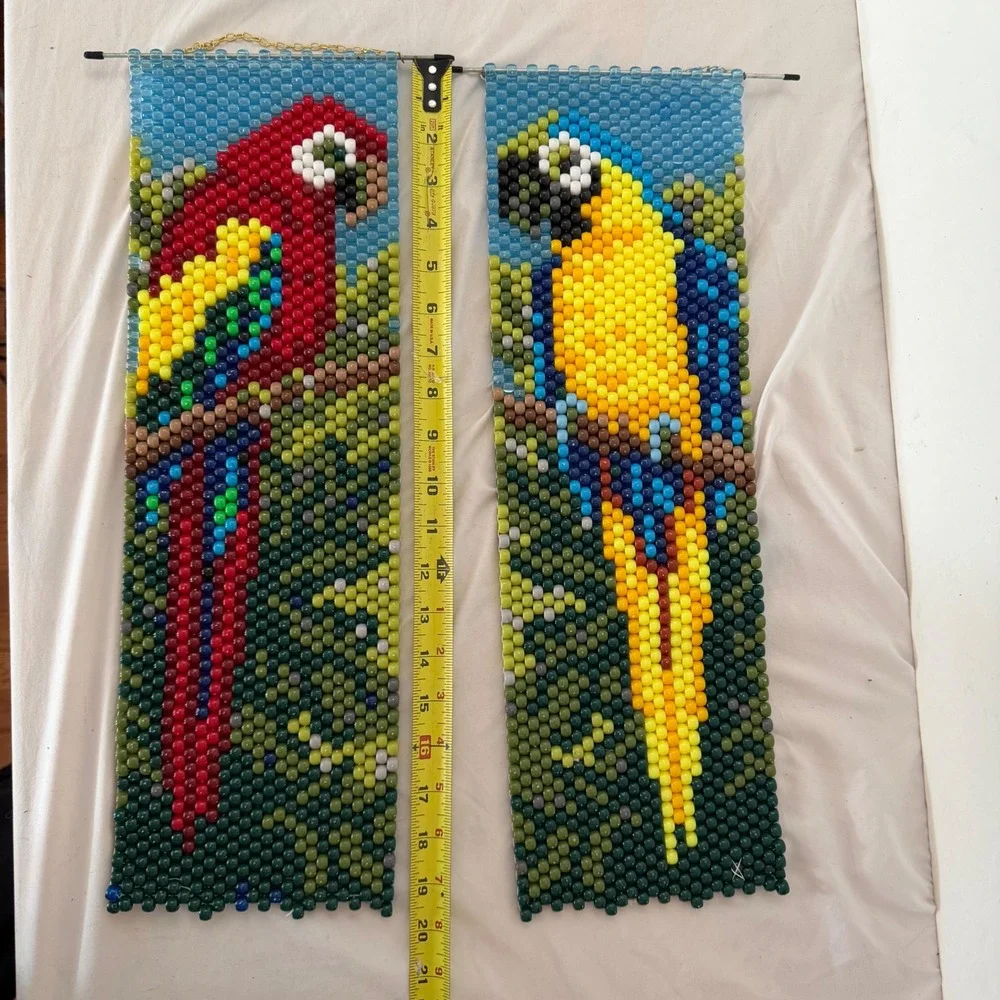 Vintage Handcrafted Pony Beaded Parrot Wall Hanging Set Tropical Macaw Decor 2pc